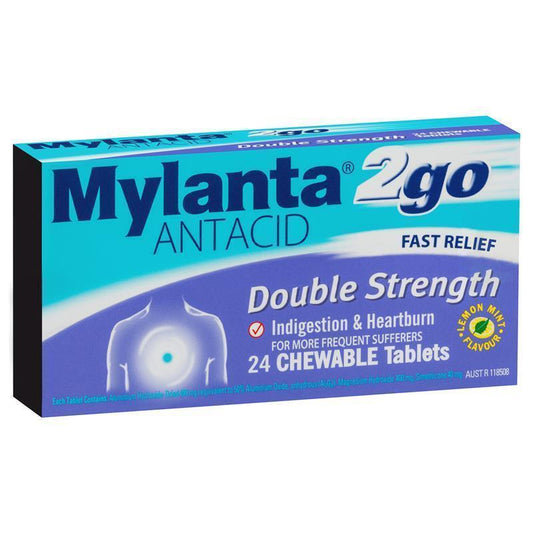 Mylanta 2Go Antacid Double Strength Tablets Lemon Mint 24 Pack